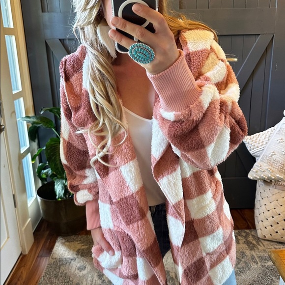New Cozy Oversized Teddy Hooded Pink Plaid Cardigan Sweater Coat Western  Boho - Picture 5 of 9